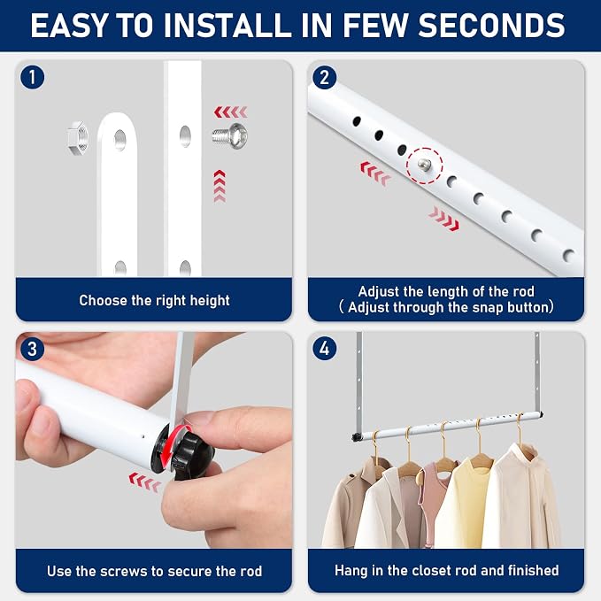 Hanging Closet Rod Extenders, Adjustable Width and Height Closet Extender Hanging Rod, Space-Saving Closet Hanging Rod, Heavy Duty Closet Bar for Hanging Clothes, 1 Pack White