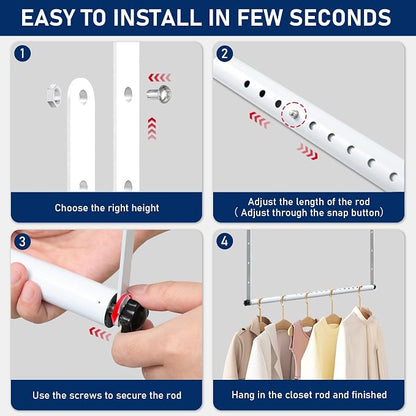 Hanging Closet Rod Extenders, Adjustable Width and Height Closet Extender Hanging Rod, Space-Saving Closet Hanging Rod, Heavy Duty Closet Bar for Hanging Clothes, 1 Pack White
