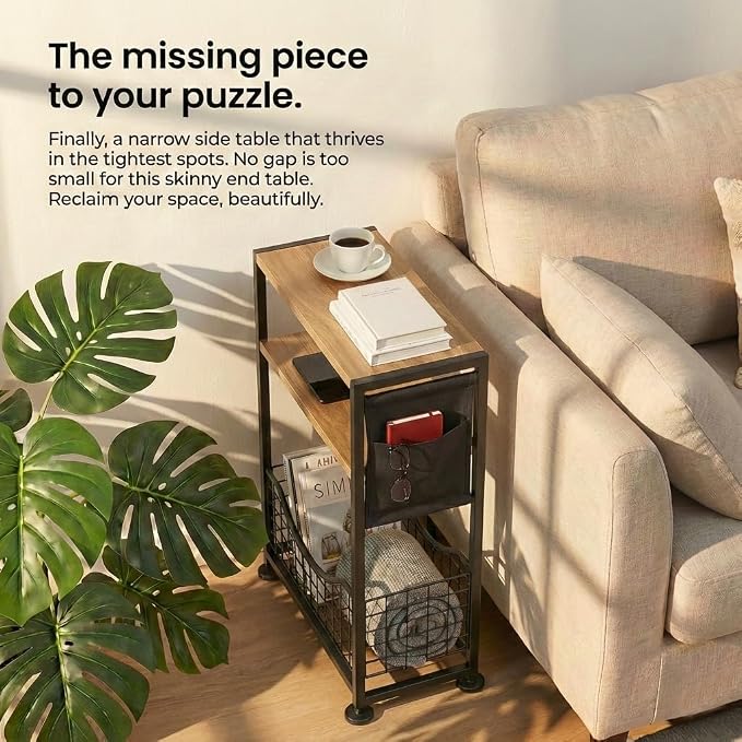 Skinny Side Table with Storage, 3 Tier Slim Side Tables for Small Spaces, Skinny End Table Narrow Bedside Table Narrow Side Table for Living Room, Bedroom