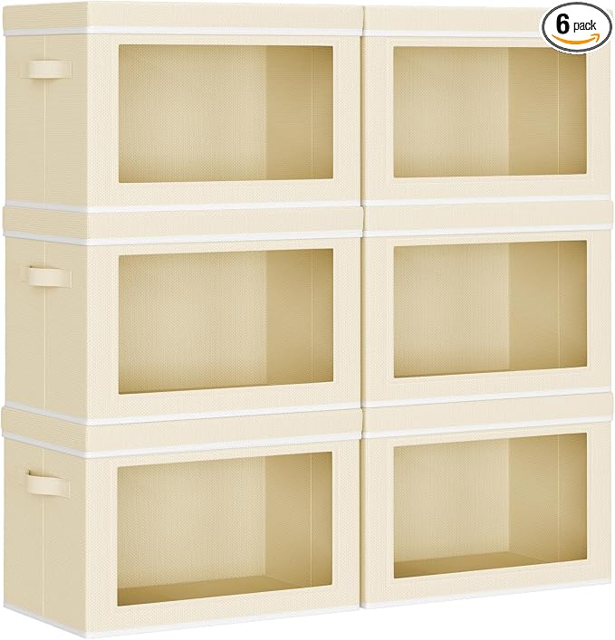 Homsorout Large Storage Baskets with Lids - Stackable Cube Bins for Closet, 6 Pack Beige Windows Organizer Bins, Home Organizers and Storage for Clothes, CD, Towels