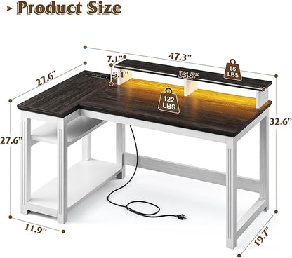 EnHomee 47.3" Computer Desk with Monitor Stand & LED Lights, Farmhouse Office Desk with Power Outlet & Storage Shelves for Home Office, Wood Computer Table for Bedroom Work, Metal Frame,White