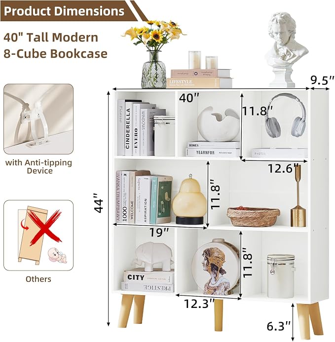 LEYAOYAO 8 Cube Bookshelf,3 Tier Bookcase with Legs,White Mid-Century Modern Bookshelves,Large Open Storage Organizer Shelf, Wooden Book Case