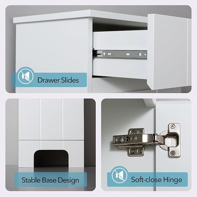 Small Bathroom Cabinet with Adjustable Shelves, Drawer, Anti-Tip Design, 14.96" L x 11.81" W x 32.09" H, Durable MDF for Bathroom, Kitchen, Laundry, Soft-Close Door