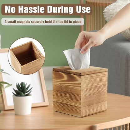 Dreamkey Square Burnt Wood Tissue Box Cover, Rustic Solid Wood Tissue Box Holder with Removable Top Lid for Bathroom, Bedroom, Living Room, Office, Brown