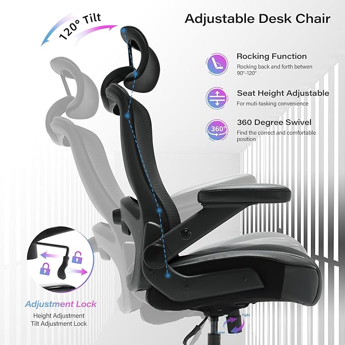 600lbs Big and Tall Office Chair- Heavy Duty Executive Computer Chair with 3D Flip Arms Large Wheels, Ergonomic Mesh High Back Desk Chair, Extra Wide Seat Adjustable Lumbar Support&Headrest