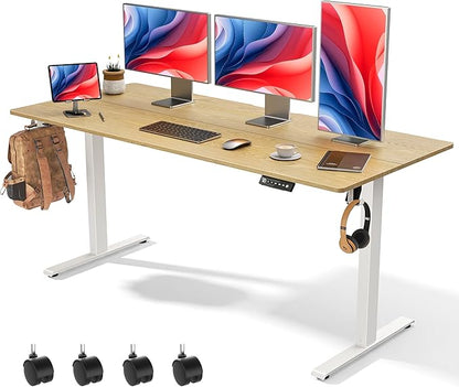 63 x 28 inch Electric Standing Desk Adjustable Height with 4 Wheels, 4 Memory Height Settings, 2 Headphone Hook, for Home Office, Splice Board Oak