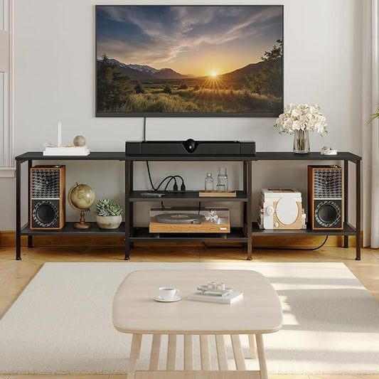 HOOBRO TV Stand with Power Outlets to 75 Inches, TV Console Table with Open Storage Shelves Cabinet, Industrial Media Entertainment Center for Living Room Bedroom, Black BB80DS01