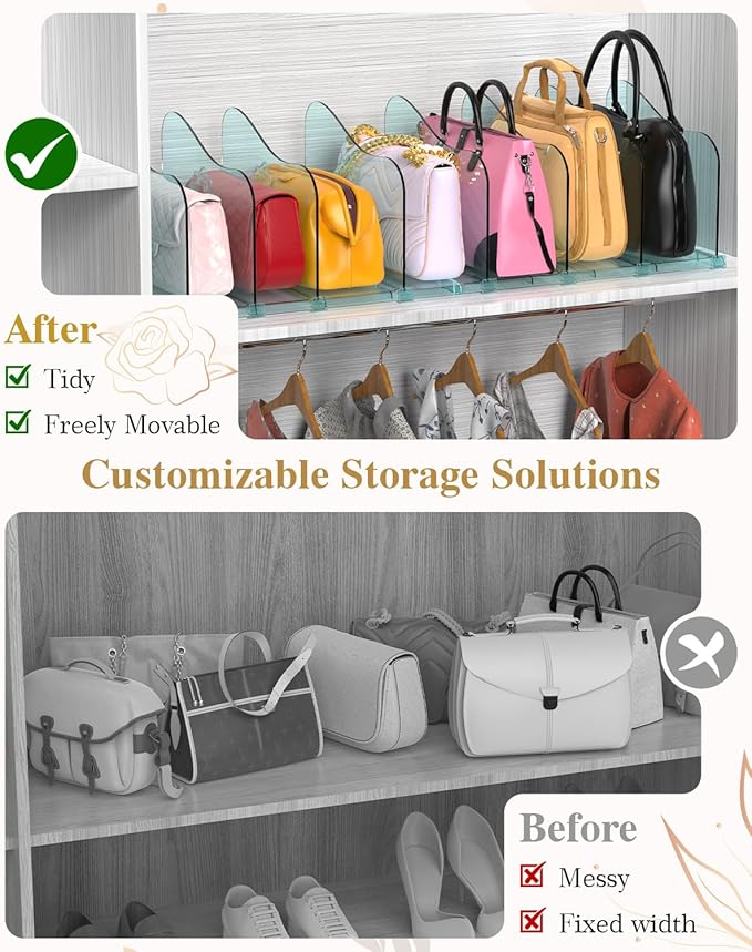 Rose Purse Dividers for Closet, 2 Pack Clear Clutch Purse Closet Organizers, Adjustable Handbag Storage Organizers, Plastic Bookshelf Separator Dividers for Bedroom Office