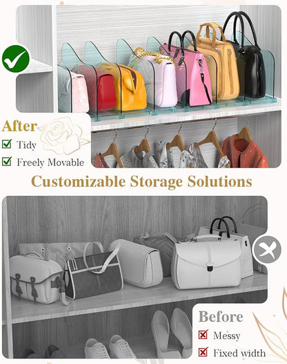 Rose Purse Dividers for Closet, 2 Pack Clear Clutch Purse Closet Organizers, Adjustable Handbag Storage Organizers, Plastic Bookshelf Separator Dividers for Bedroom Office