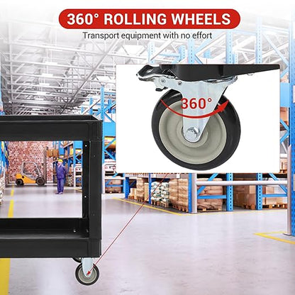 Utility Cart on Wheels, 500 lbs Capacity, 45 x 25 Inch Rolling Work Carts with Storage Handle, 2 Shelf Plastic Service Cart Suitable for Warehouse, Garage, School & Office, Cleaning, Black