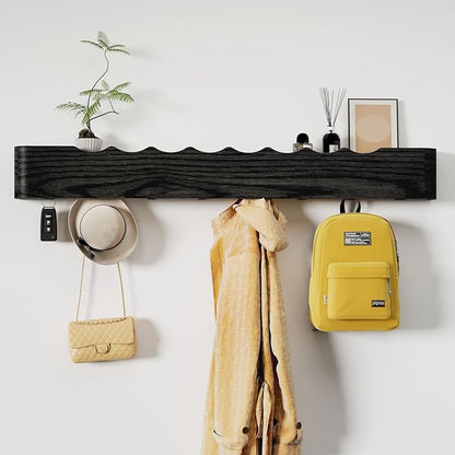 Coat Rack Wall Mount with Shelf 8 Hidden Hooks Modern Wooden Key Holder Entryway Organizer for Hallway Bedroom Bathroom Home Decor Storage for Hanging Coats Hats Bags Towels, Wave-Shape Black