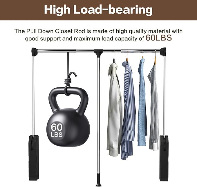 Pull Down Closet Rod - Adjustable 26-35 Inch Heavy Duty Hanging Rod with Soft-Close, Side & Back Mounted, 60 lbs Capacity for Closet & Wardrobe Organization