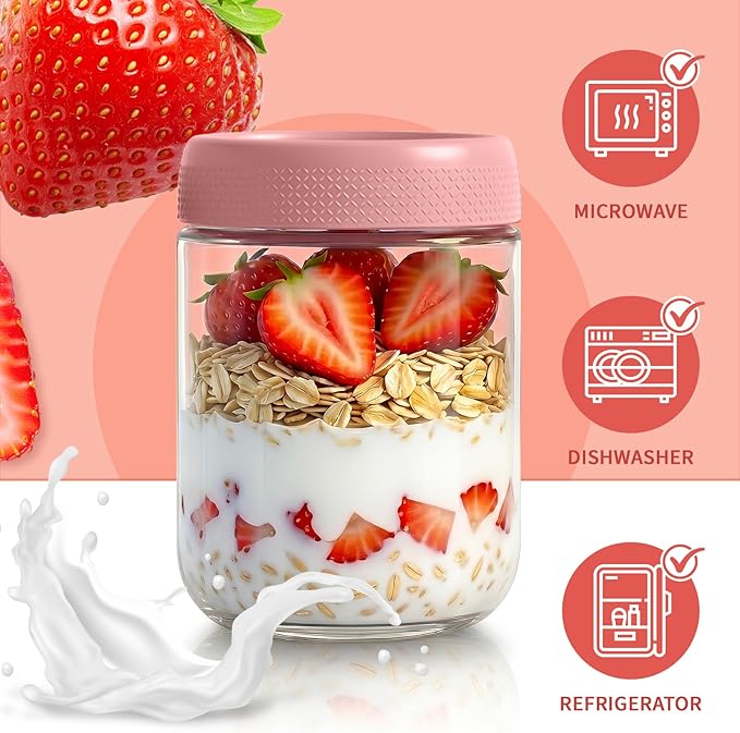 12 Pack Mason Jars, 16oz Overnight Oats Glass Jars, Wide Mouth Overnight Oats Containers with Lids, Small Parfait Cups with Lids for Yogurt, Storage, Chia, Snack, Salad, Spice, Seed