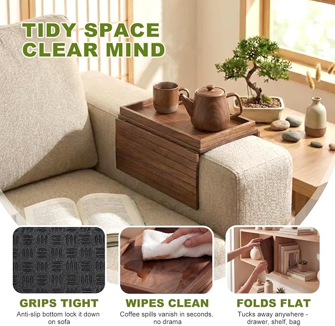Sofa Arm Tray, Foldable Bamboo Couch Armrest Table with Large 12.5" x 5.8" Storage Compartment, Portable Chair Couch Caddy Arm Tray for Cup TV Snacks Phone