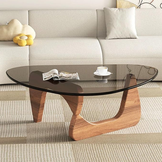 Mid Century Modern Glass Coffee Table, Coffee Table for Living Room, Noguchi Coffee Tables,Suitable for Bedroom Living Room Reception Office Tables (Walnut/Grey, ML)