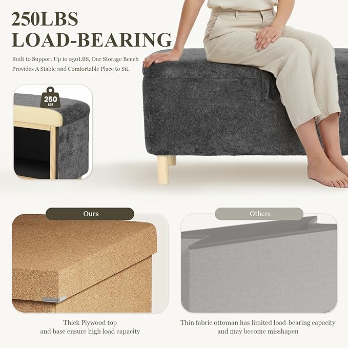 Ottoman with Storage, Storage Ottoman Bench, Entryway Bench with Wood Legs for Living Room, Sitting Area, 2PCS, Dark Grey