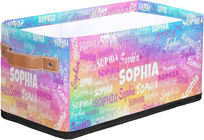Custom Narrow Storage Basket Name, Personalized Organizer Bin Organizing Toys, Books, Clothes Small Storage Basket for Bedroom Nursery Livingroom Entryway, Watercolor Painted Pink Yellow Blue
