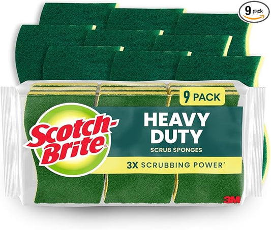 Scotch-Brite Heavy Duty Scrub Sponge, 9 Kitchen Sponges Designed for Tough Messes in the Kitchen that Last 3X Longer*, Best for Cast Iron Skillets and Outdoor Grills, Flexible, Durable, and Strong