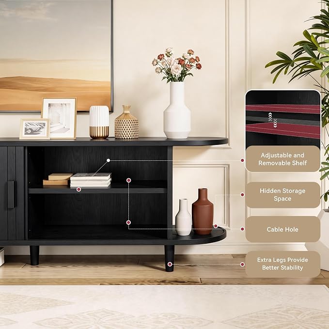 70" Mid Century Modern TV Stand with Power Outlet, Fluted Entertainment Center with Storage and Adjustable Shelves, Wood TV Console with Sliding Doors for Living Room, Black