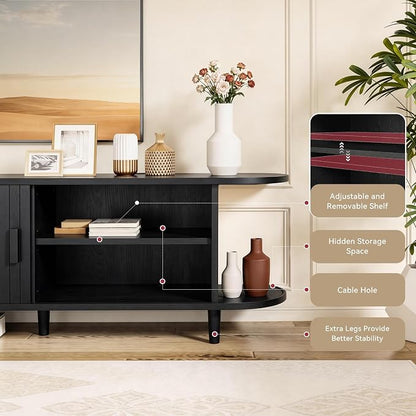 70" Mid Century Modern TV Stand with Power Outlet, Fluted Entertainment Center with Storage and Adjustable Shelves, Wood TV Console with Sliding Doors for Living Room, Black