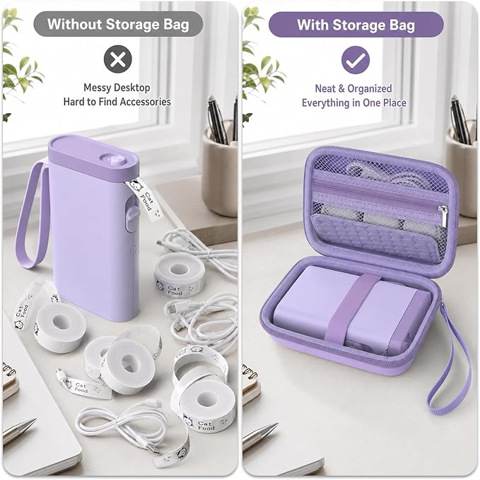 Comecase Case Compatible with Nelko P21/ for Phomemo D30 D35 Label Maker Machine, for JADENS D11/ for SUPVAN Mini Labeler Sticker, Labler Maker Storage for Tape&Accessories (Light Purple)
