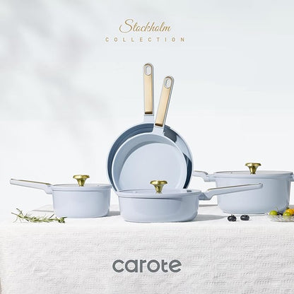 CAROTE Ceramic Cookware Set Nonstick, 14pcs Pots and Pans Set Nonstick, Non-Toxic & PFAS-Free, Dishwasher, RV/Camping Cookware Set, Cooking Pots with Lids, Pastel Blue