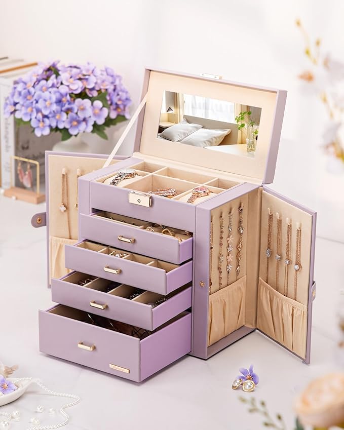 Homde Christmas Gifts Synthetic Leather Huge Jewelry Box Mirrored Watch Organizer Necklace Ring Earring Storage Lockable Gift Case (Grey Purple + Gold)