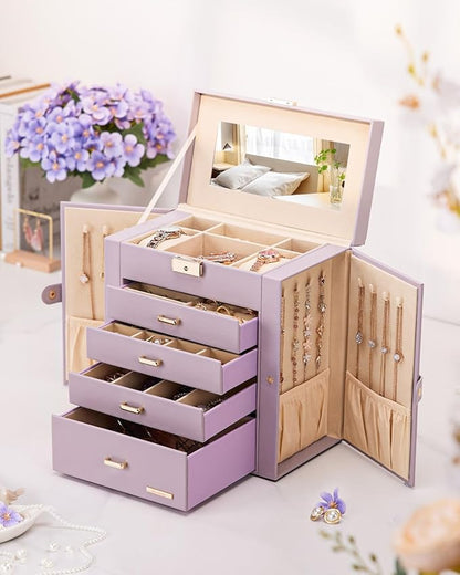 Homde Christmas Gifts Synthetic Leather Huge Jewelry Box Mirrored Watch Organizer Necklace Ring Earring Storage Lockable Gift Case (Grey Purple + Gold)