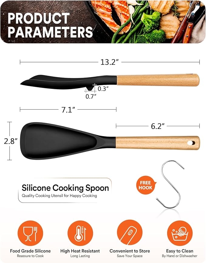 Cooking Spoon for Nonstick Cookwares, Great for Cooking and Serving Sturdy BPA-Free Matte Silicone, Wood Handle Spoon for Mixing, Scoop, and Scrape (BLACK, 13.4 inch)