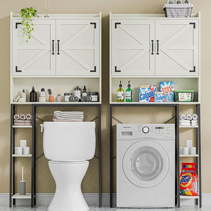 Vabches Over The Toilet Storage Cabinet, Farmhouse Storage Cabinet Over Toilet with 2 Barn Door & Toilet Paper Holder Stand，Home Space-Saving Toilet Rack, for Bathroom, Restroom, Laundry