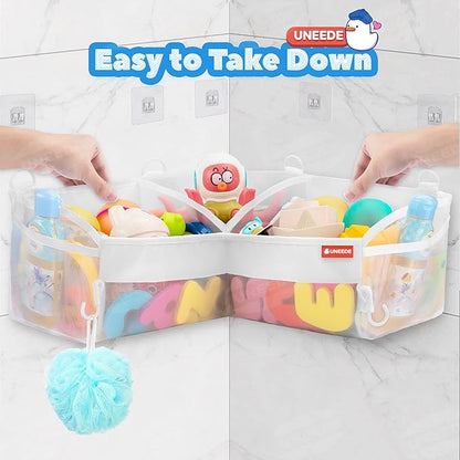UNEEDE Bath Toy Storage - 3 Compartment Corner Bath Toy Storage Organizer, 4 Gallons Quick-Drying Bath Toy Holder, Machine-Washable Bathtub Toy Storage for Classify Toys & Bath Supplies