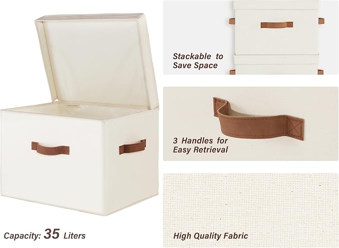 StorageWorks Fabric Storage Bins with Lid, Decorative Storage Boxes for Shelves, Stackable Closet Organizer Basket with Handles, Jumbo, Ivory White, 2-Pack