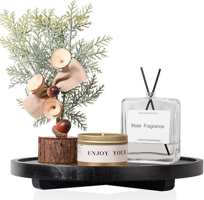 Round Decorative Tray Wood Bathroom Counter Organizer Farmhouse Kitchen Decor Wooden Riser for Soap Dish, Perfume, Candle, Sponge, 11" - Black