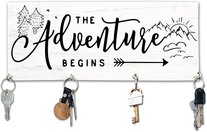 The Adventure Begins Wooden Key Holder for Wall - 5"x10" Key Organizer Hanger with 4 Hooks for Home Front Door Hallway Entryway Kitchen - Home Office Decor & Housewarming Gifts Supplies - A02