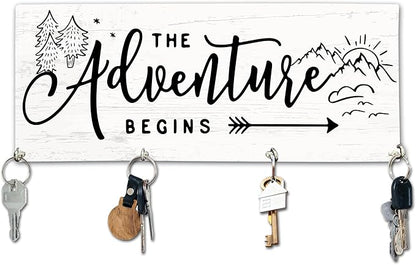 The Adventure Begins Wooden Key Holder for Wall - 5"x10" Key Organizer Hanger with 4 Hooks for Home Front Door Hallway Entryway Kitchen - Home Office Decor & Housewarming Gifts Supplies - A02