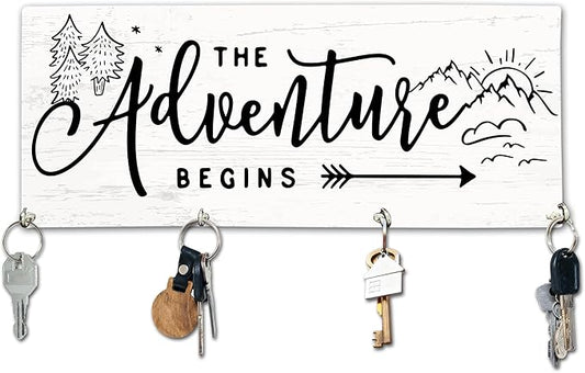 The Adventure Begins Wooden Key Holder for Wall - 5"x10" Key Organizer Hanger with 4 Hooks for Home Front Door Hallway Entryway Kitchen - Home Office Decor & Housewarming Gifts Supplies - A02