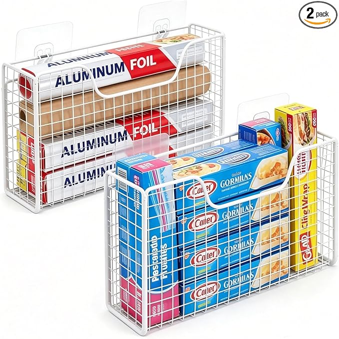 2 Pack Aluminum Foil Organizer, Foil and Plastic Wrap Organizer, Pantry Kitchen Cabinet Door Organizers, Self Adhesive Wall Mounted Storage Hanging Basket for Ziplock Bag, No-Drill, Mesh Metal, White