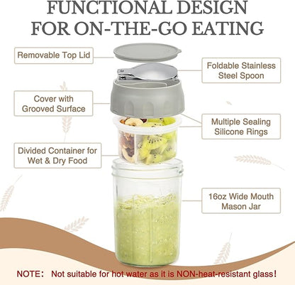 SOLIGT 4 Pack Overnight Oats Containers with Lids, Folding Spoons and Divided Compartments for Fruit & Nuts, Small Glass 16oz Mason Jars for Oatmeal Yogurt Parfait