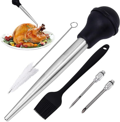 Turkey Baster Syringe for Cooking - Large Food-Grade Turkey Baster with Silicone Bulb, 2 Marinade Injector Needles, and Cleaning Brush - Turkey Baster for Juicy Roasts, BBQ, and Home Baking