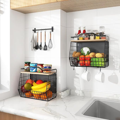 Magnetic Shelf for Fridge with Wood Lid, 2 Tier Fruit Baskets Wall Mounted Hanging Basket with 4 Hanger Hooks, Potato and Onion Magnetic Storage Bins for Kitchen Counter, Refrigerator, Cabinet