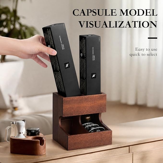 Wood Pod Dispenser Designed for Nespresso Vertuo Capsules, Freestanding Countertop Pods Rack, Coffee Pods Holder for Home or Office Kitchen Counter, Dispenses 2 Coffee Flavors (Brown-2)