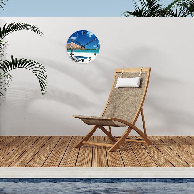 XFM Blue Beach Wall Clock 12 Inch Silent Glass Wall Clocks Battery Operated Tropical Summer Coastal Clock Decorative for Bedroom Living Room Office