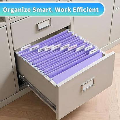 25-Pack Light Purple Hanging File Folders, Letter Size, Includes 35 Transparent Label Cards & 50 Sticker Labels,1/5-Cut Tabs for Home & Office Organization