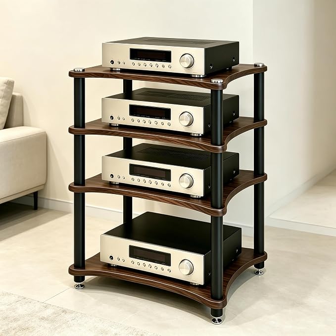 Heavy Duty Audio Component Rack, Large Storage Space AV Media Stand with Shock-Absorbing Foot pegs, Audio Rack Tower CD Player Stand for Home/Office/Audio Video/Theate (Black Walnut, 4th)