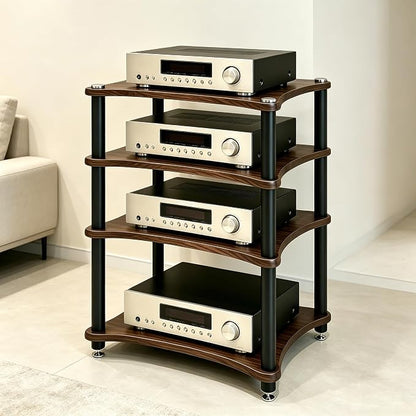 Heavy Duty Audio Component Rack, Large Storage Space AV Media Stand with Shock-Absorbing Foot pegs, Audio Rack Tower CD Player Stand for Home/Office/Audio Video/Theate (Black Walnut, 4th)