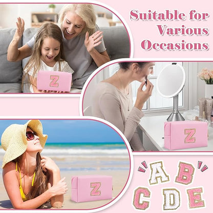 Personalized Initial A-Z Preppy Patch Makeup Bag,Small PU Leather Chenille Letter Cosmetic Bag with Zipper for Teen Girls,Pink Cute Travel Toiletry Bag,Birthday Monogrammed Gift for Daughter,Letter Z