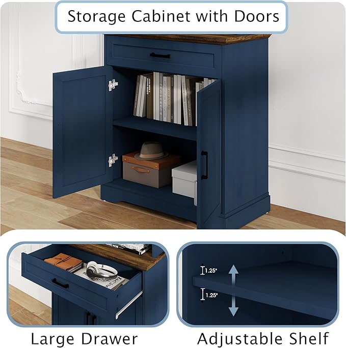 blini Tall Bookshelf with Drawers, 5-Shelf Blue Bookcase, 15" Multi Depth Storage Cabinet with Adjustable Shelves, Large Bookcases for Home Office, Living Room & Bedroom
