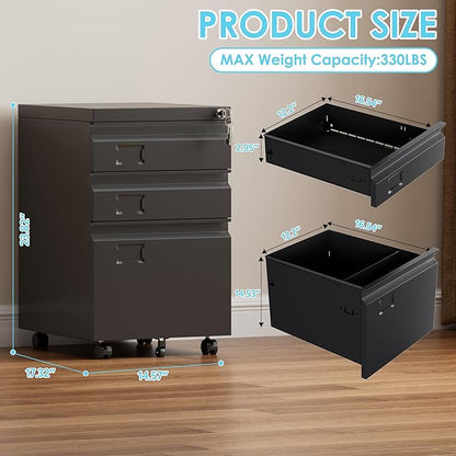 Aobabo 3 Drawer File Cabinet with Lock,Small Filing Cabinet Under Desk for Home Office Organizer Letters/Legal/A4,Required Assembly,Black