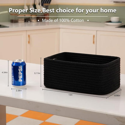 4 Pack Small Storage Shelf Baskets for Organizing, Mini Woven Rope Storage Bins for Towels, Cute Decorative Closet Organizer，Baby Nursery, Gift Empty Baskets -13''Lx8.66''Wx5.11''H-Black