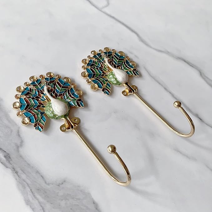 Vintage Peacock Decorative Wall Hooks Rack Hangers for Hanging Clothes Coats Towels Keys Hats, 2 Pack Antique Metal Mounted Wall Hook